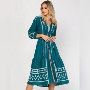 ZARA- Teal Embroidered Midi Dress with White accents in size XS